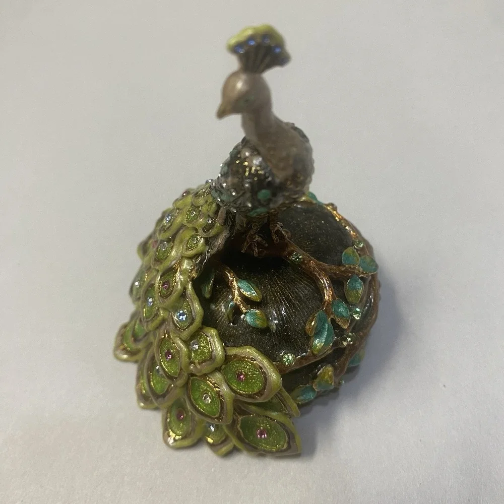 Enameled Rhinestone Peacock Trinket Box Jewelry Ring Holder Magnet Closure